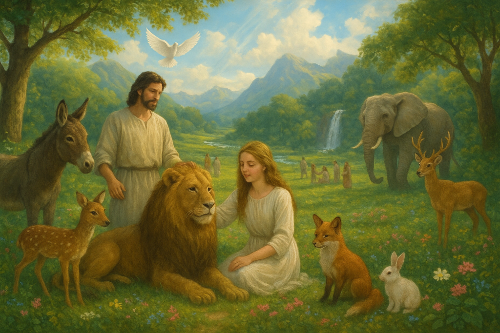 humans and animals living in harmony in heaven surrounded by beautiful green grass and a waterfall